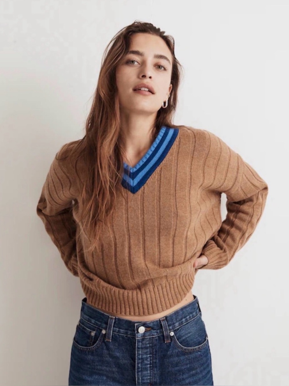 Madewell Tipped V-Neck Oversized Wool Blend Sweater XS Heather Caramel Blue